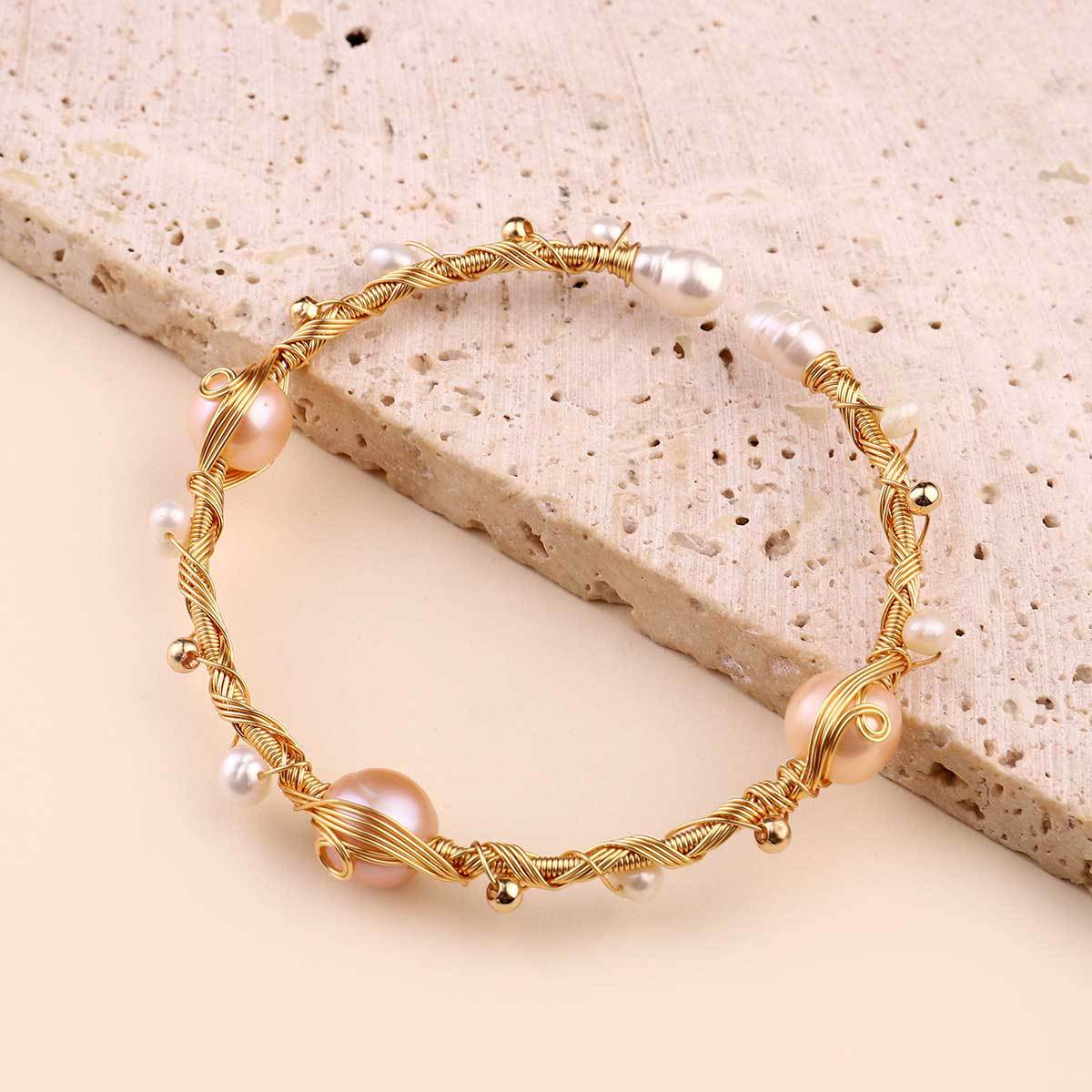 Natural Pearl Copper Wire Braided 18k Real Gold Bracelet