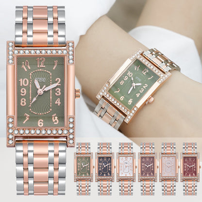 Small Square Steel Band Womens Watch Green Diamond-Embedded