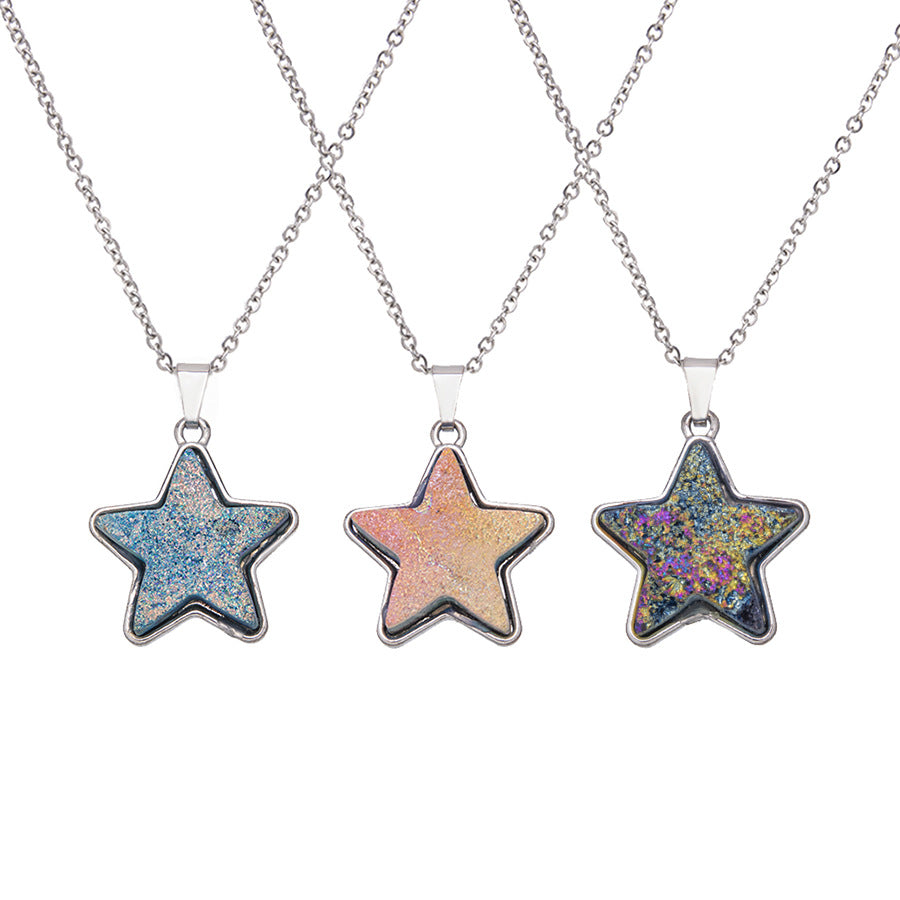 Electroplated Crystal Teeth Colorful Five-pointed Star Stainless Steel Pendant Necklace