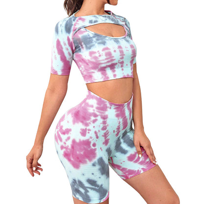 European and American Seamless High-Waist Tie-Dye Yoga Shorts Set