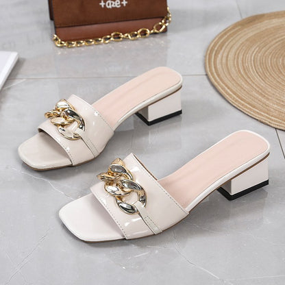 Metal buckle high-heeled slippers