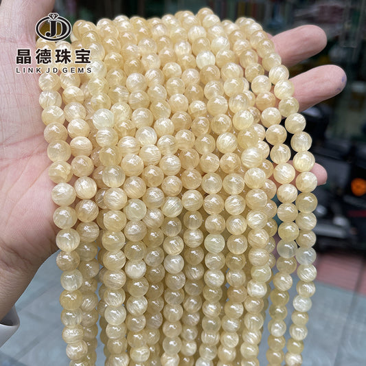 晶德 天然优化黄色金丝玉散珠发晶玉石圆珠diy饰品配件串珠子批发