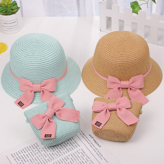 Kids Sun Hat Girls' Summer Straw Bag Set Princess Beach UV