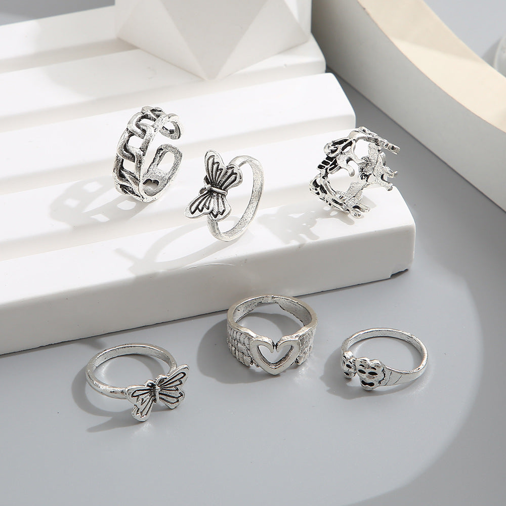 Heart and butterfly antique silver ring set six pieces