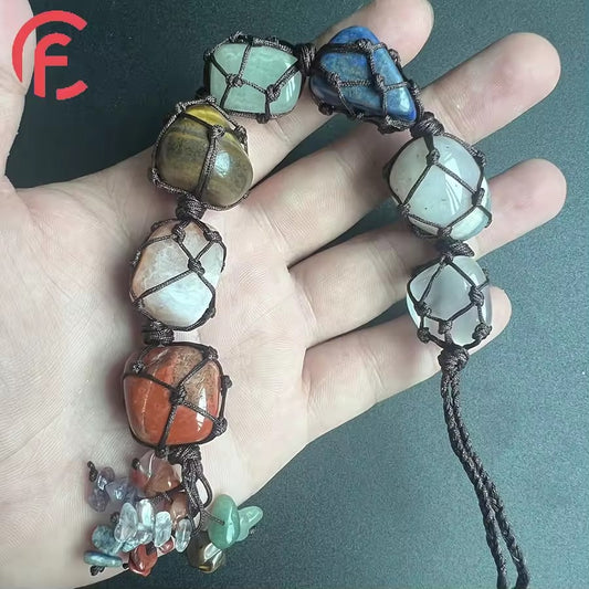 7 Colored Crystal Irregular Raw Stone Hand-woven Car Pendant