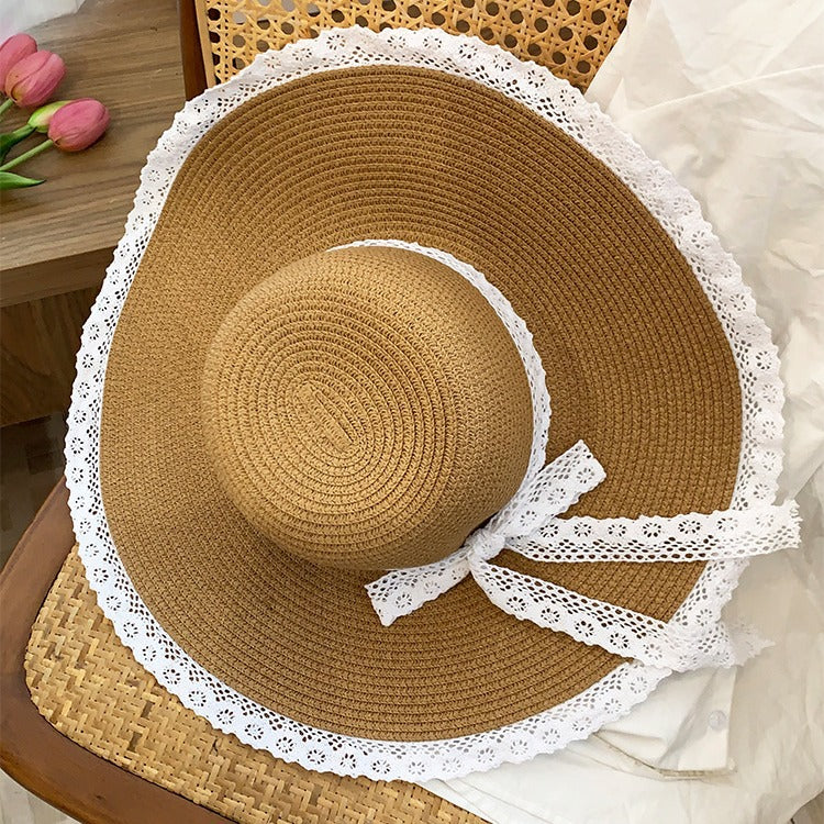 French Lace Bow Straw Hat Summer Sun Protection