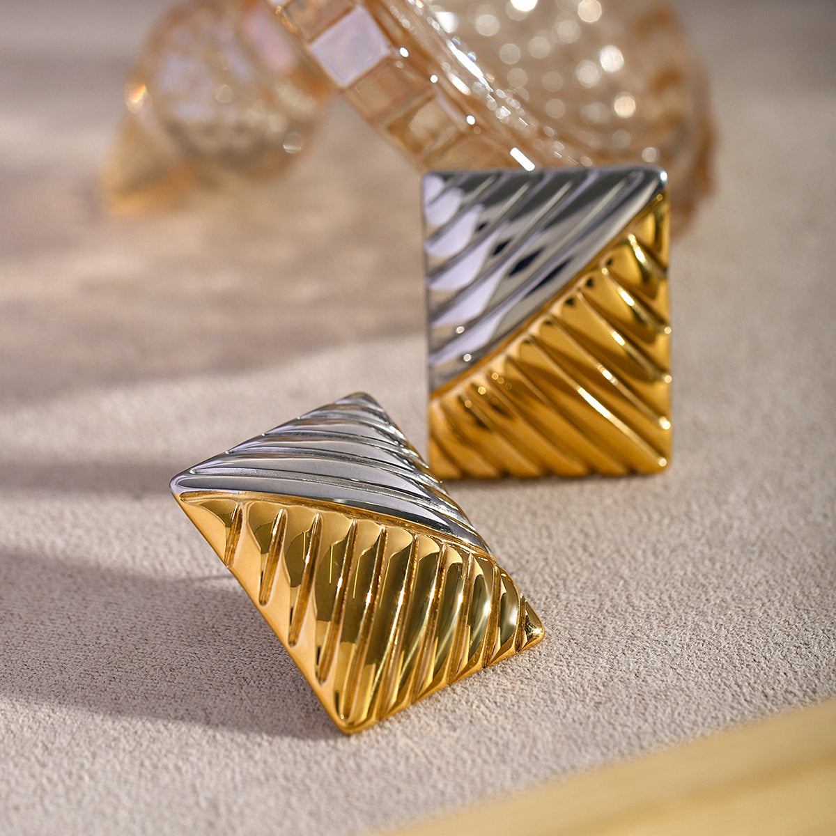 Gold and silver square textured earrings