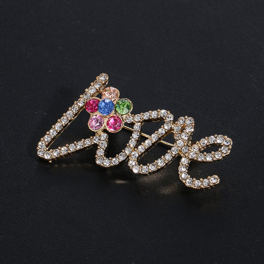 Letter love brooch, alloy colored diamonds