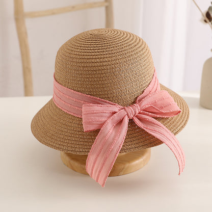 Spring Summer Bow Kids Straw Hat Travel Sun Protection Family Bag Set