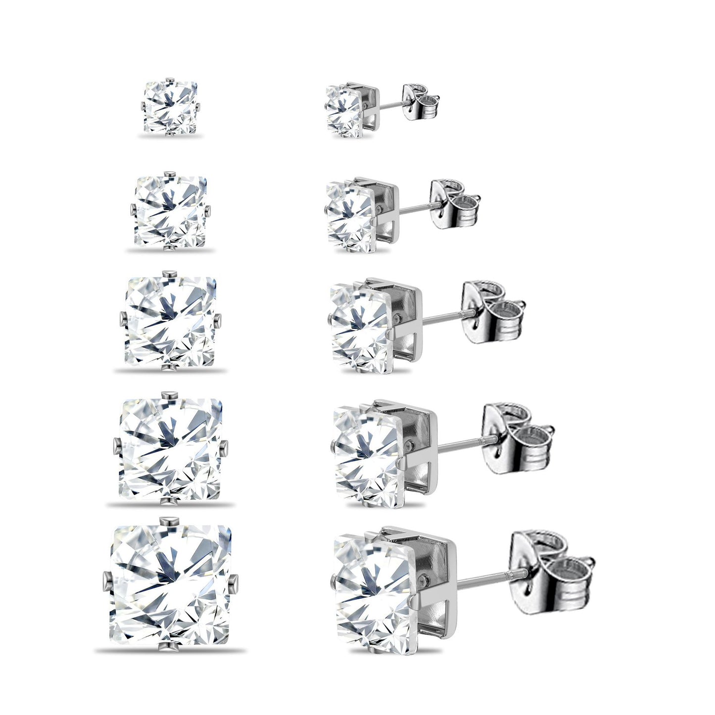 Set of 5 pairs of four-claw rhinestone earrings