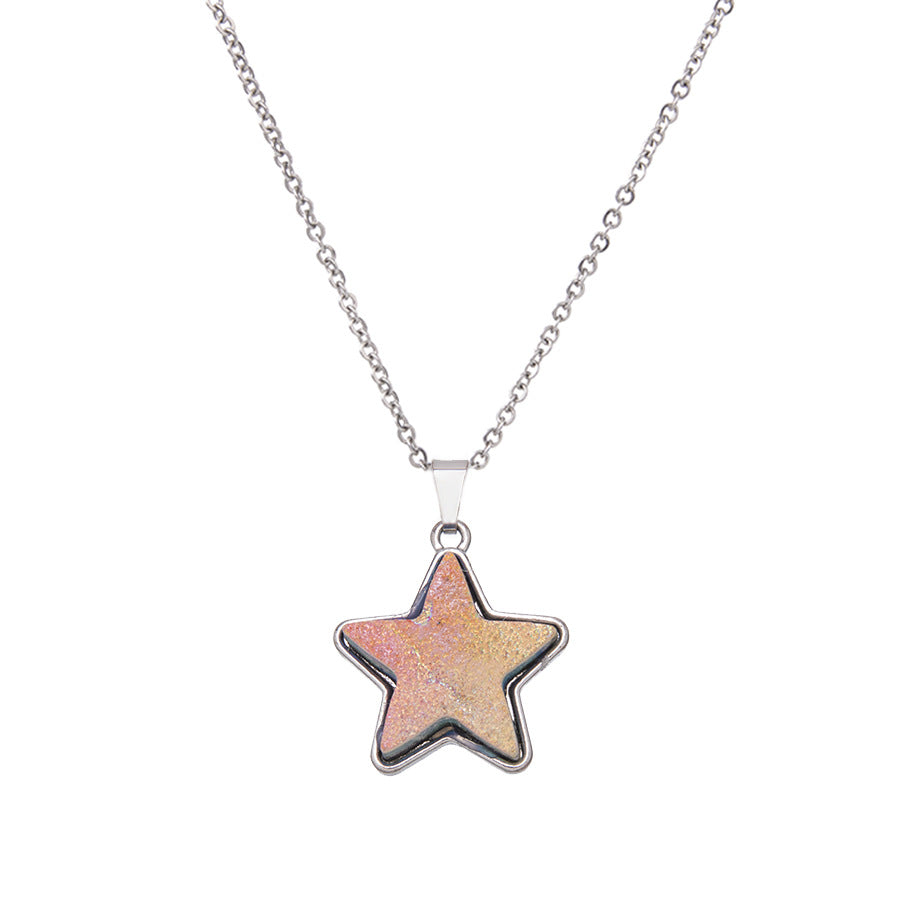 Electroplated Crystal Teeth Colorful Five-pointed Star Stainless Steel Pendant Necklace