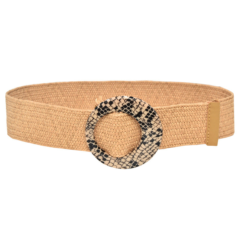 Wooden buckle grass woven wide women's belt