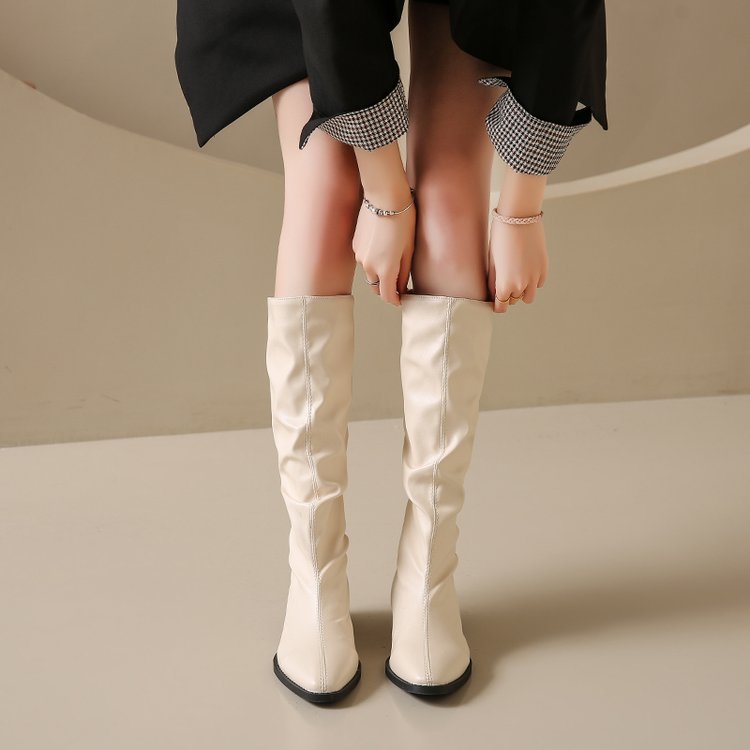 Wrinkled high-top pointed thick-heeled women's boots