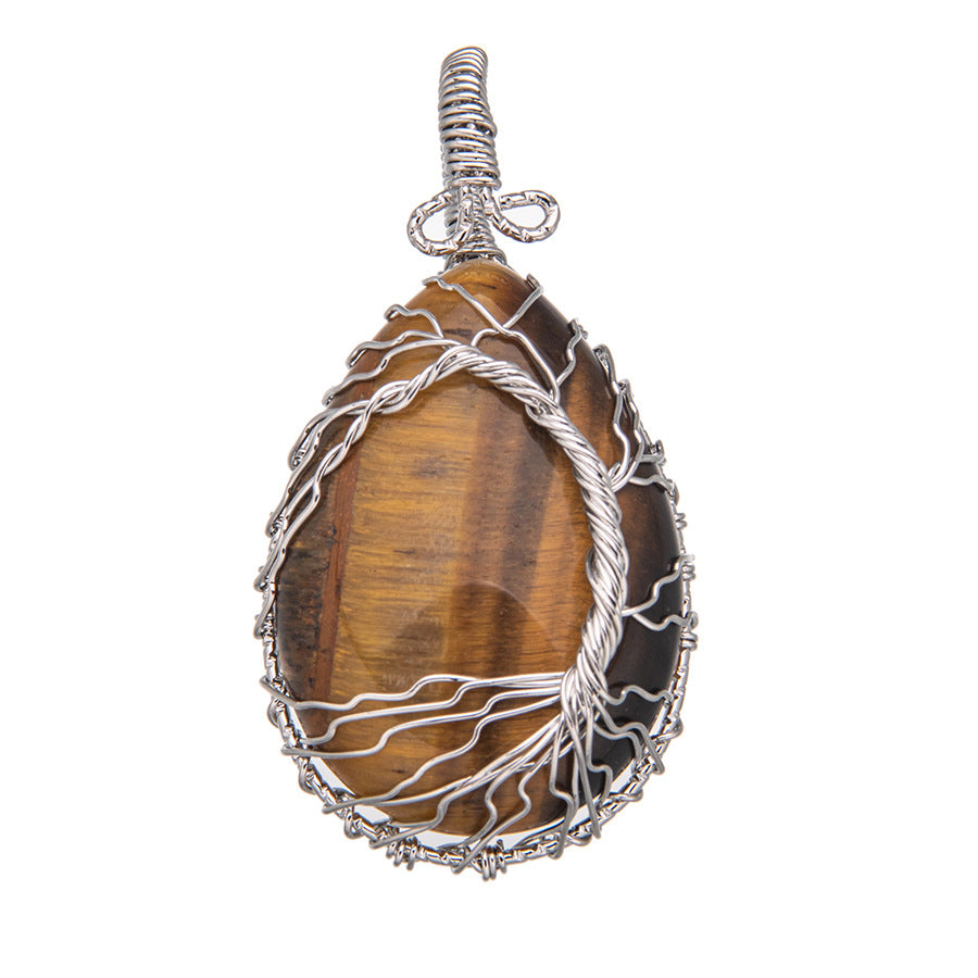 Crystal Silver Wire Wrap Tiger Eye Rose Quartz Pendant