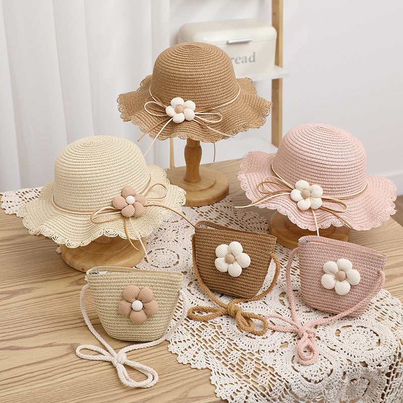 Kids Hat Girls' Summer Fisherman Straw Bag Set Stylish Cute Floral Sun