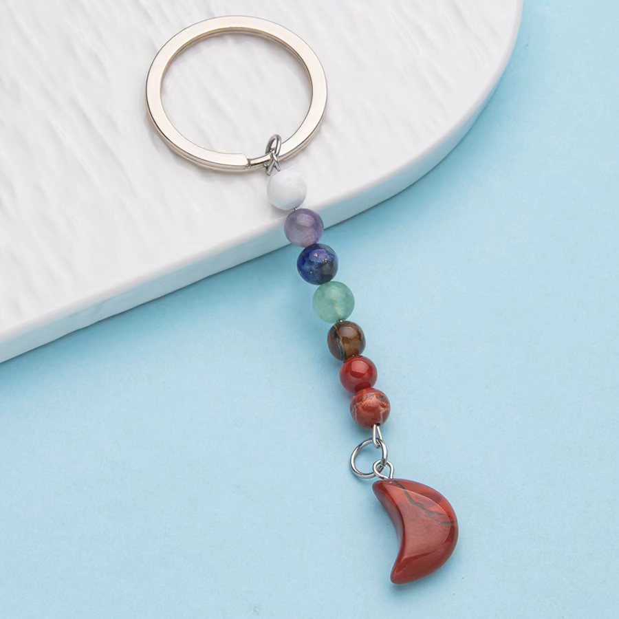 Colorful natural crystal agate moon pendant stainless steel keychain