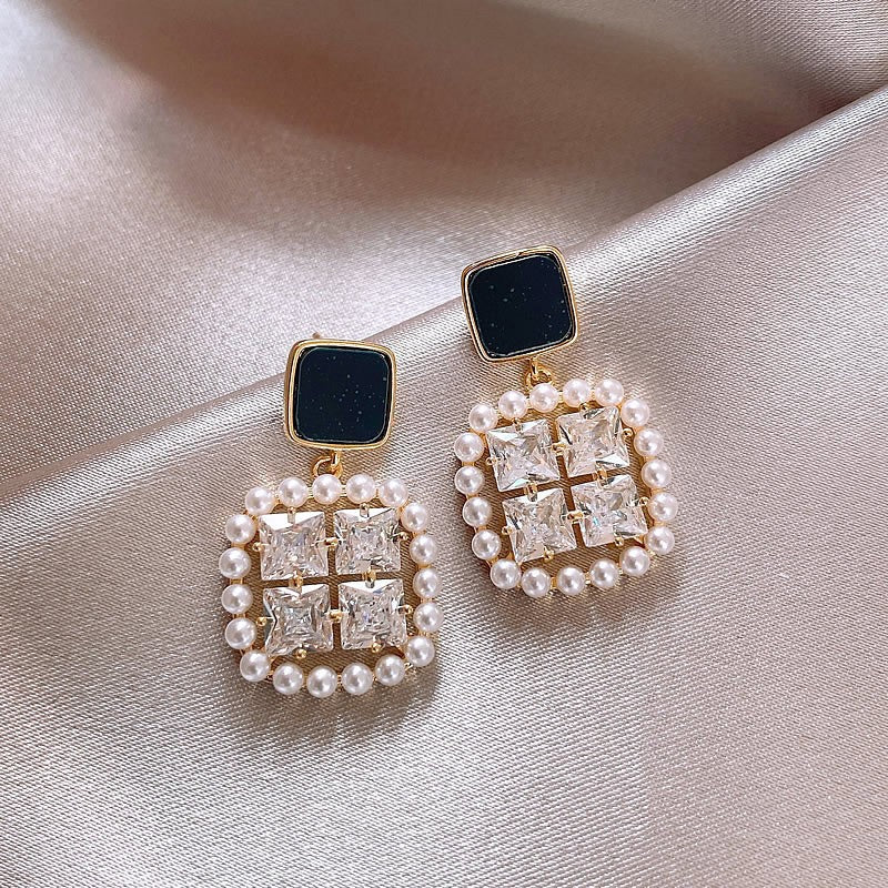 Square pearl stud earrings women's retro