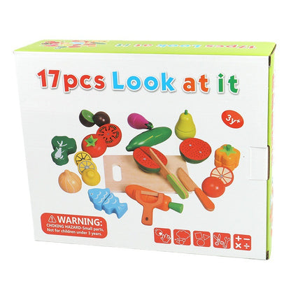 Wooden Box with Magnetic Vegetables and Fruits for Children's Kitchen Pretend Play Toy Cutting Fun