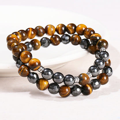 Natural yellow tiger's eye stone with black gallstone round bead bracelet.