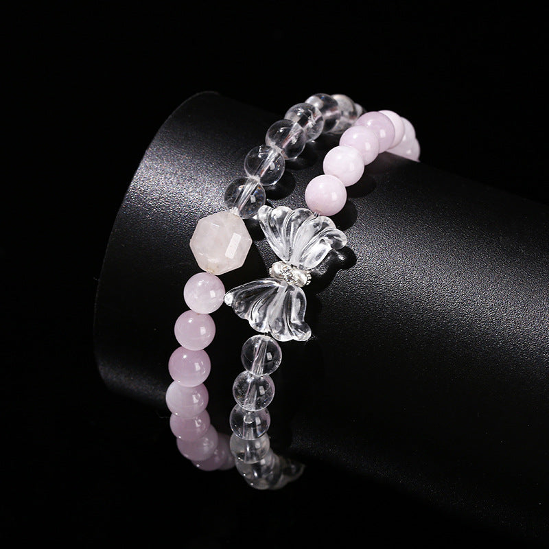 Natural purple lithium light with white crystal butterfly bracelet.