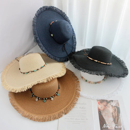 Fringe Hat Wide Brim Export Sun Outdoor Beach Vacation Handwoven