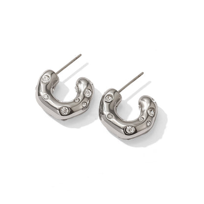 Hammered Zirconia C-Shaped Steel Hoop Earrings