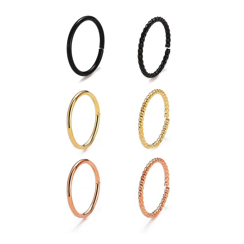 Nose studs, gold and black rings, 6 pieces