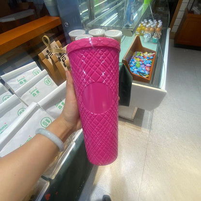 Plaid Pattern Diamond-Shaped Plastic Bottle, Single-Layer, with Straw