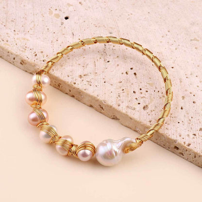 Natural Pearl Copper Wire Braided 18k Real Gold Bracelet