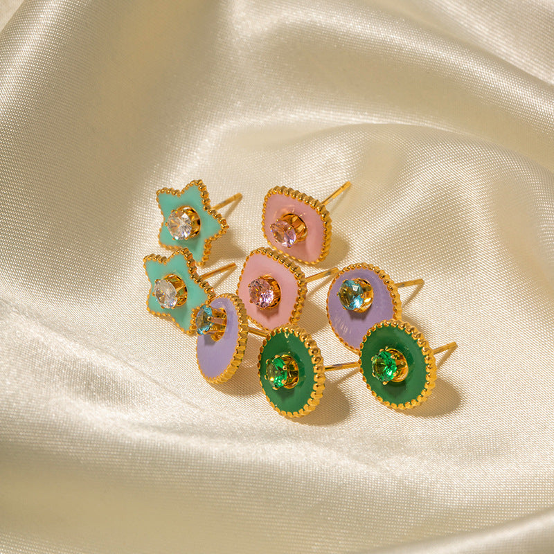 Green five-pointed star white zircon earrings