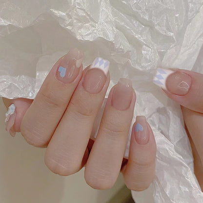 Short Ballet French Blue Heart Fake Nails