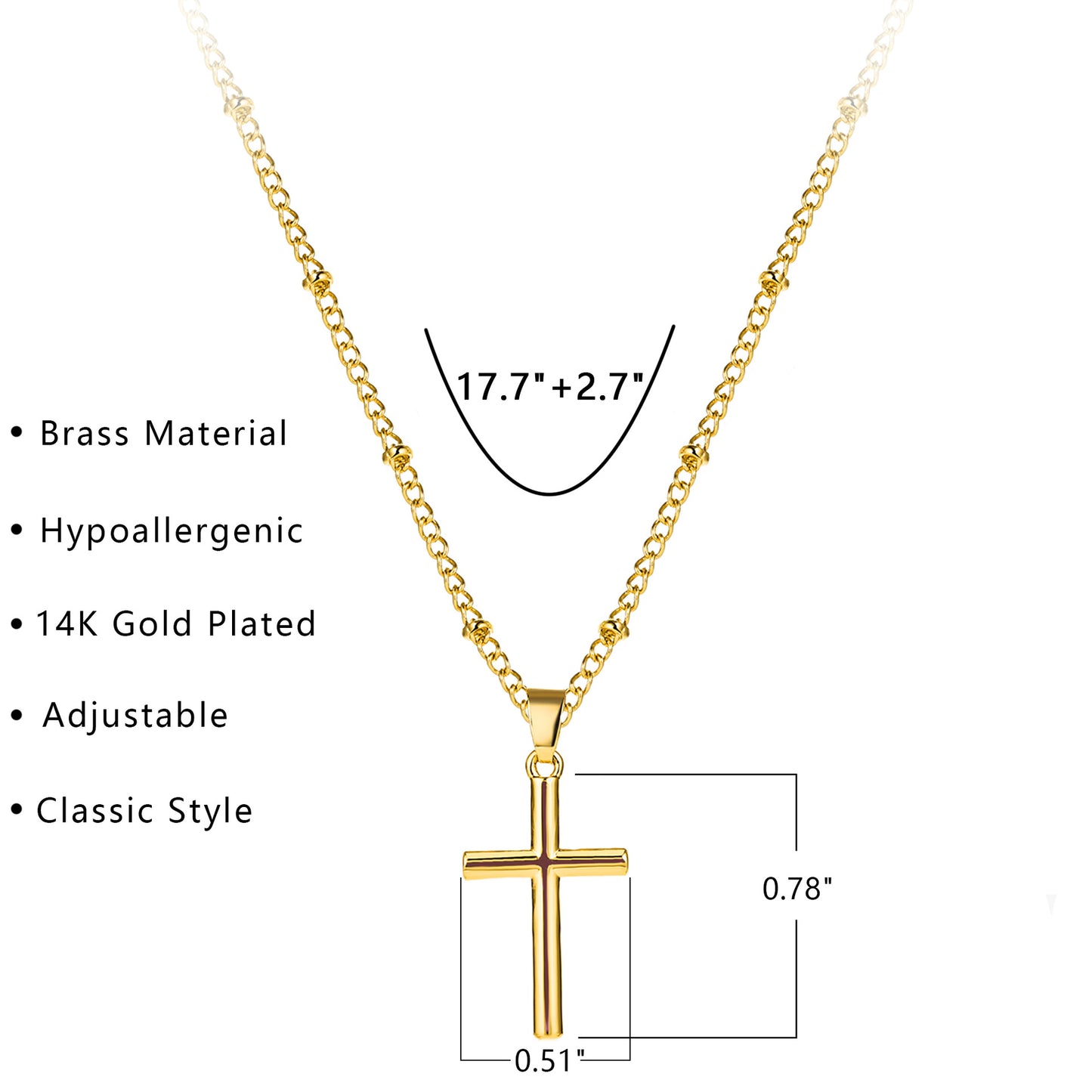 Simple Copper Bead Chain Cross Pendant Necklace