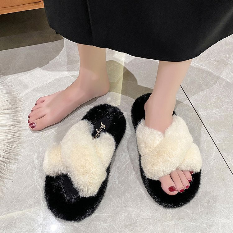 Rabbit fur cross slippers