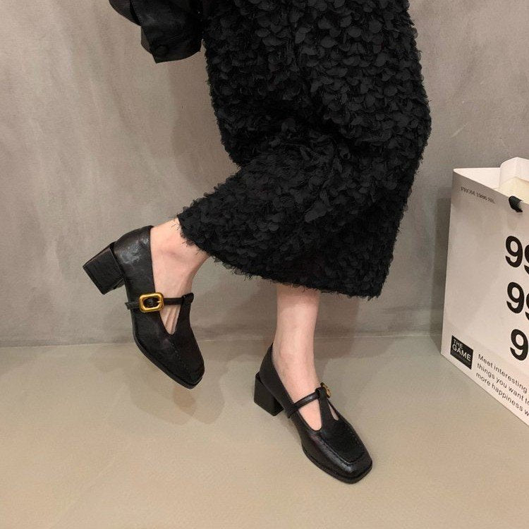 Casual one-word buckle thick-heeled small leather shoes