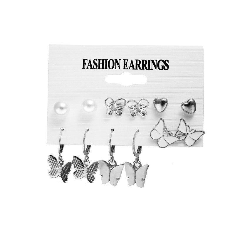 Heart-shaped white stone earrings set of 6 pairs