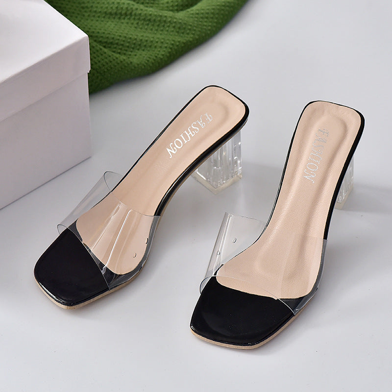 Crystal thick heel with transparent cool slippers