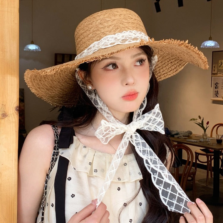 Lace Ribbon Large Brim Sun Straw Hat