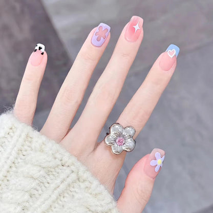 Short Floral Heart Star Nails