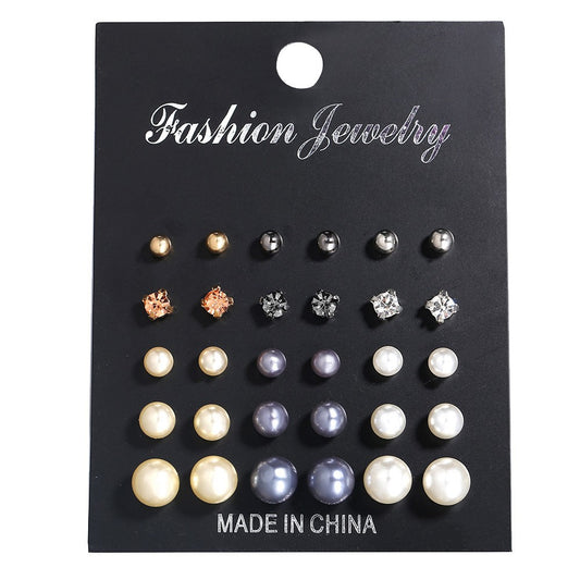 Pearl and diamond stud earrings set 15 pairs of earrings