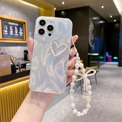 Funda de plumas plateadas para iPhone 16 Pro 13 12 con diamantes y corazón de perla y láser 