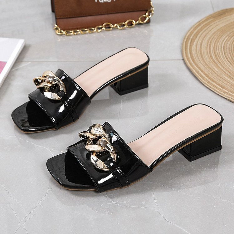 Metal buckle high-heeled slippers