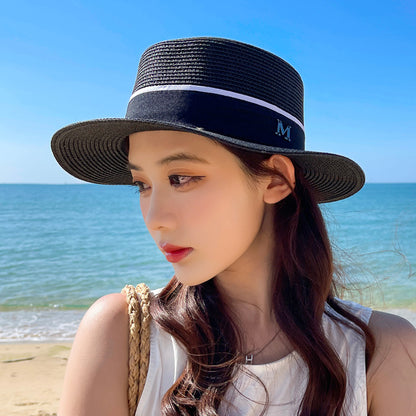 Trend Flat Brim Woven Straw Sun Hat Women Summer Travel British Jazz UV Beach