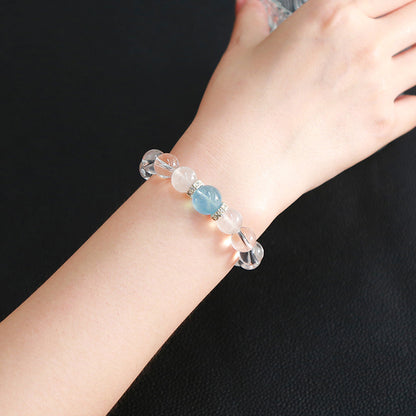 7A Natural White Crystal Blue Moonstone Round Bead Bracelet