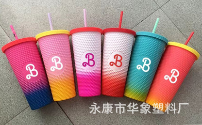 Durian cup gradual change color double layer plastic straw cup