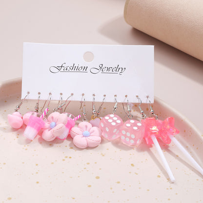 Flower Heart Milk Tea Resin Earrings 6 Pairs