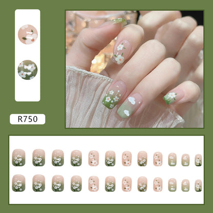 Early Spring Green Floral Short Nails