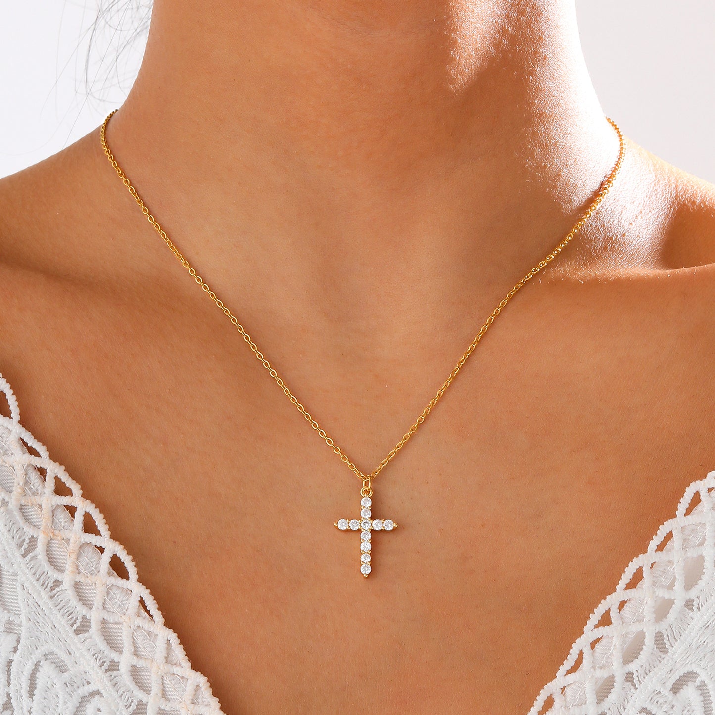 Full diamond cross clavicle necklace