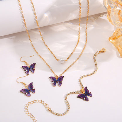 Oil dripping butterfly pendant necklace set 3 pieces