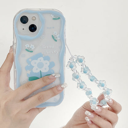 iPhone 14 Pro 3D Wave Edge Blue-White Flower Chain Apple X Pig Case