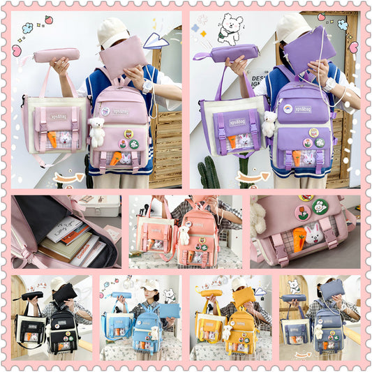 4-piece student school bag canvas contrast color backpack